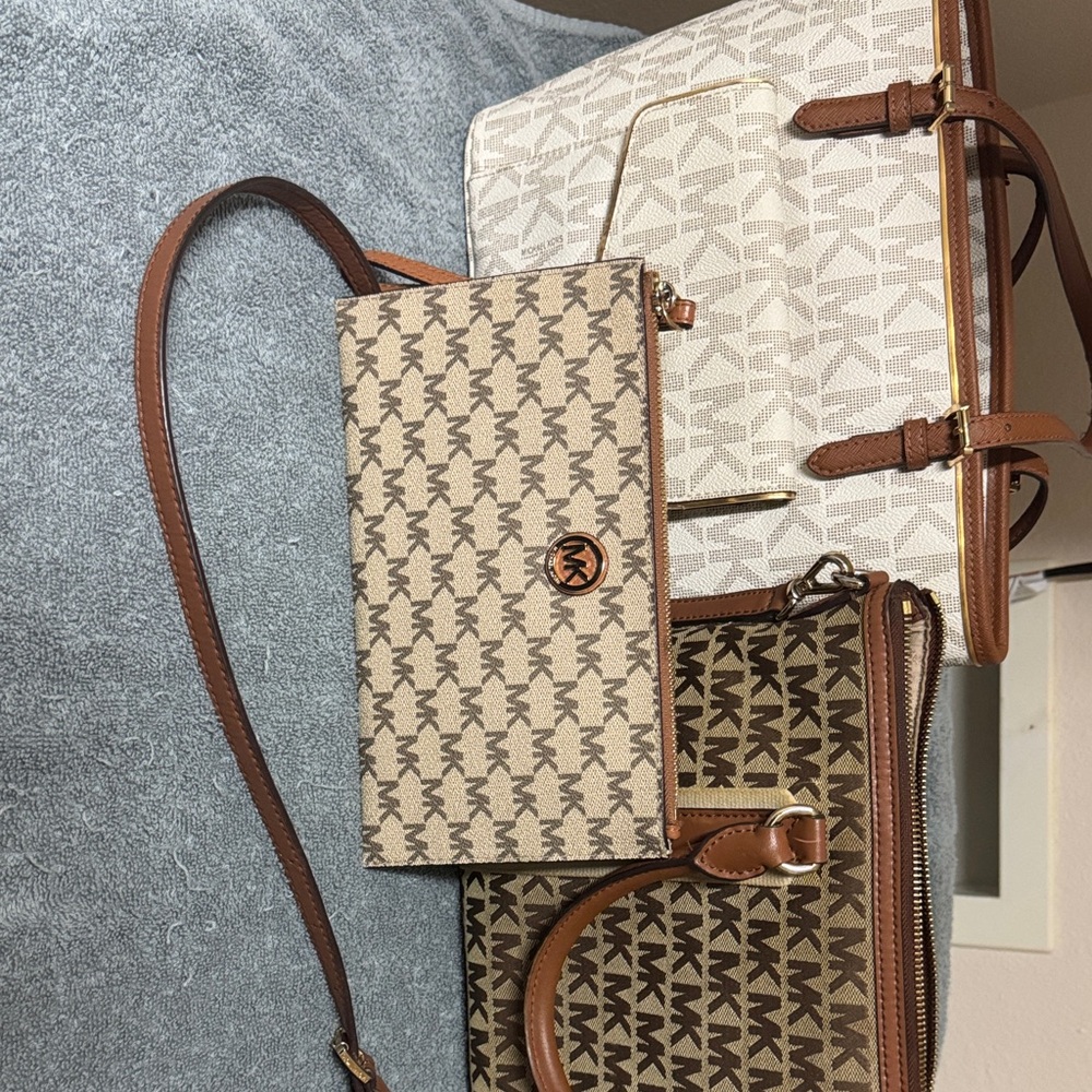 Michael Kors Beige and Brown Signature MK Crossbody Wallet Trio